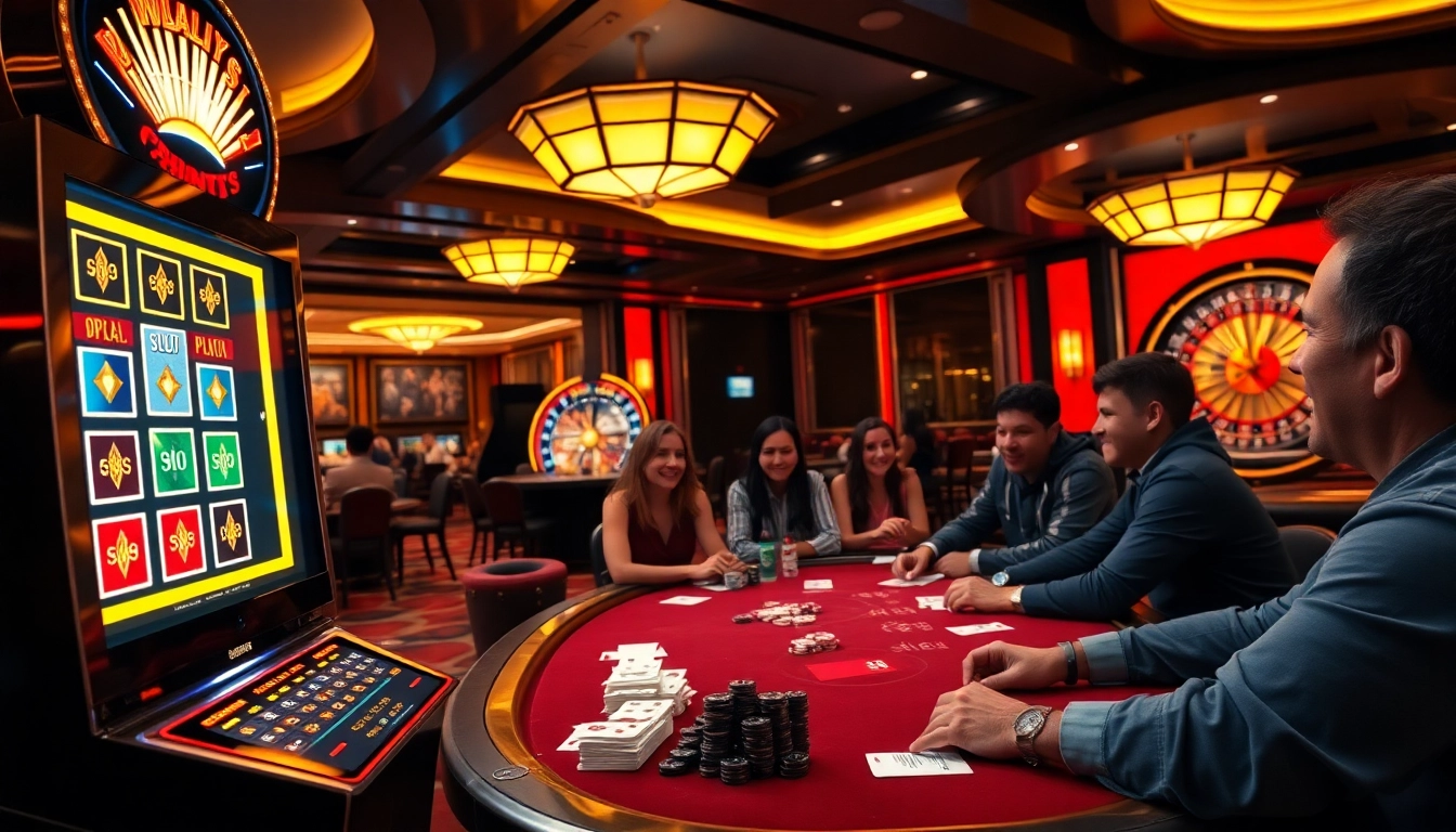 Players enjoying online gambling at situs sepuhplay with vibrant slot machines and a poker table.