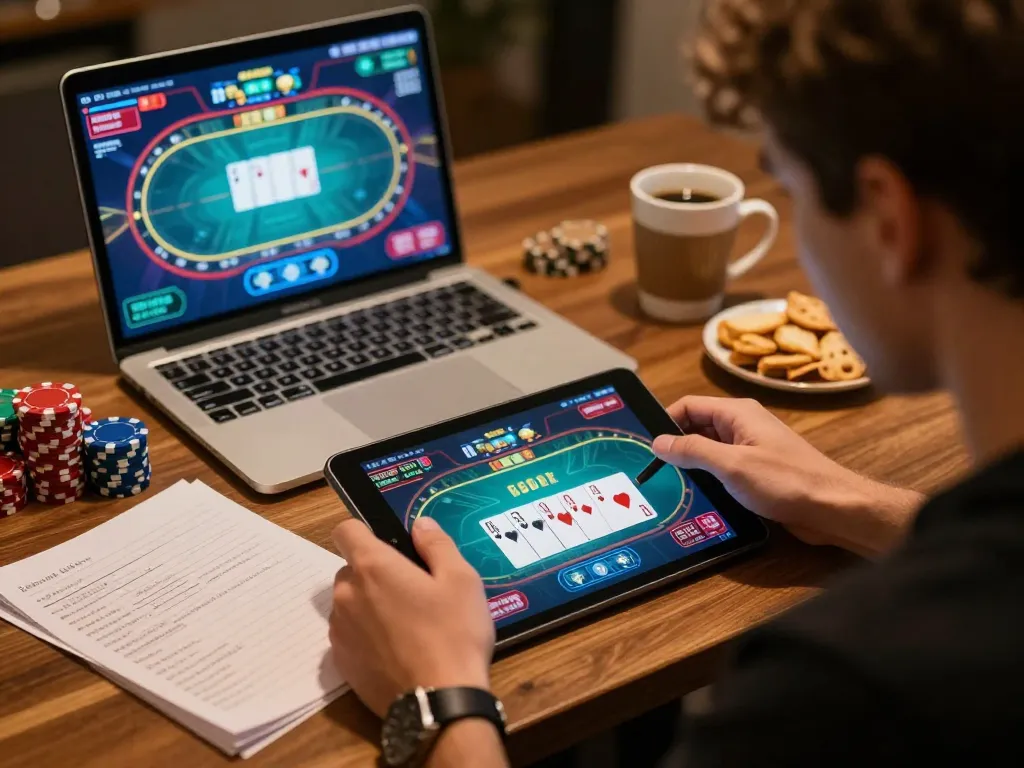 Player immersed in online RR88 poker game, showcasing strategy and engagement while enjoying home comforts.
