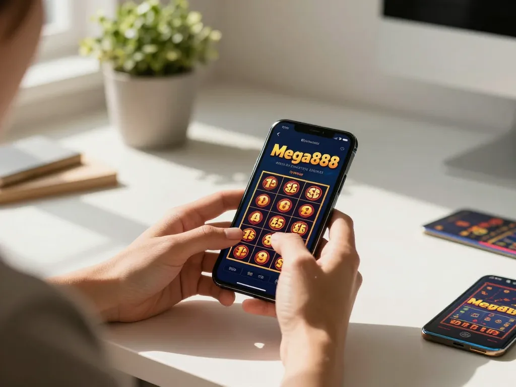 Mega888 player placing a bet on mobile app while enjoying a cozy home gaming atmosphere.
