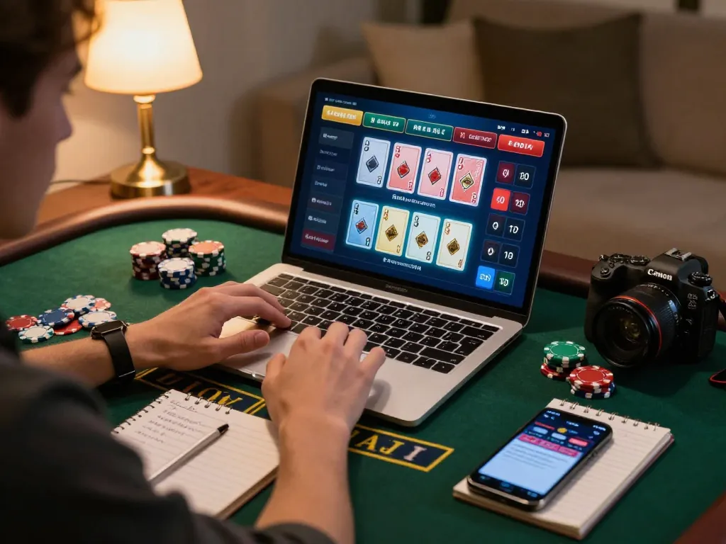 Player engaging in RR88 live dealer blackjack on laptop, showcasing strategic gaming environment and focus.