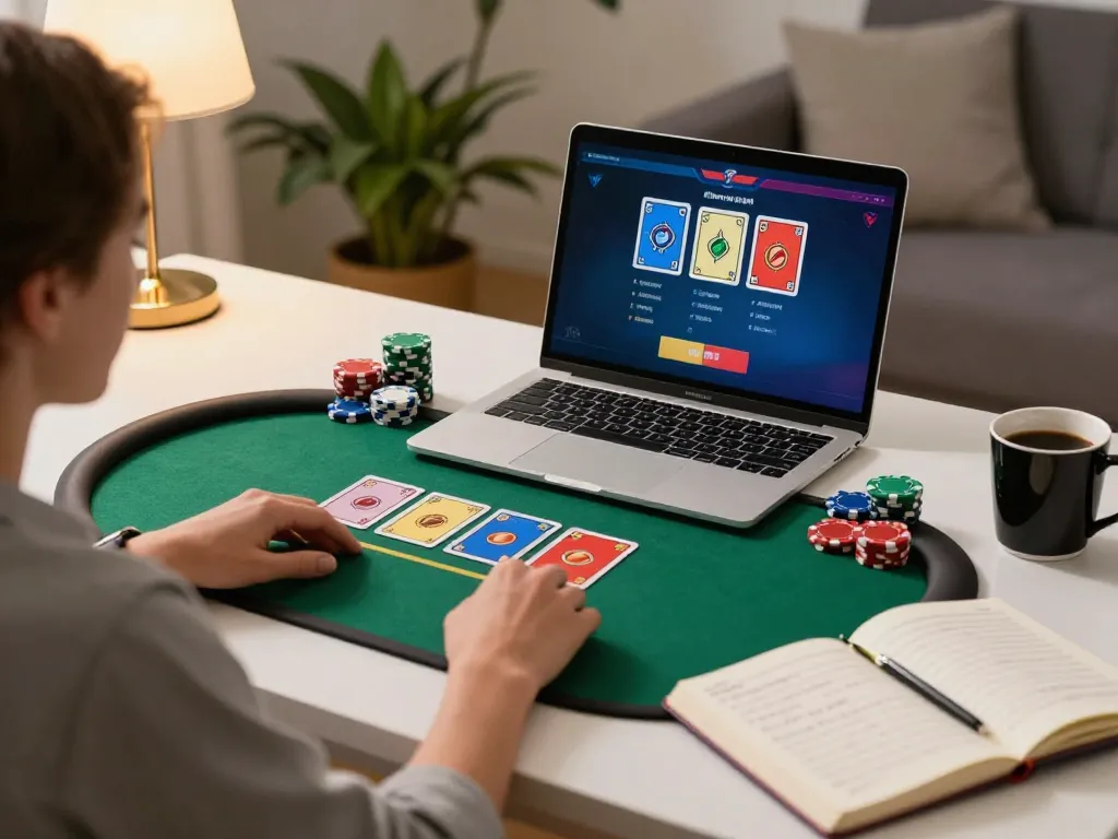 Engaged player strategizing on situs ggdewa777 online poker setup, laptop displaying game interface.