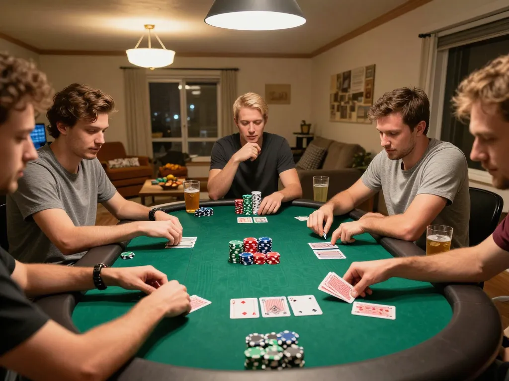 Friends enjoying a lively poker game at home with nk88-themed chips and cards.