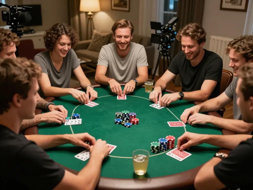 Players enjoying a lively poker night at home, engaging in strategic gameplay while using the rik vip platform.