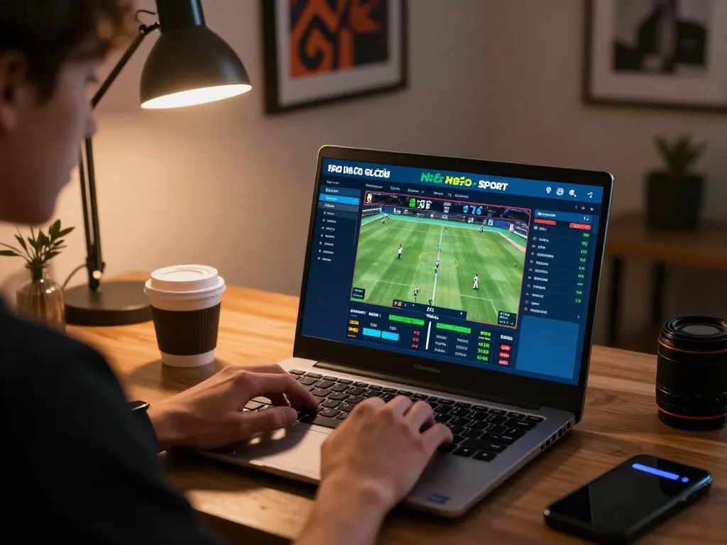 Engaging moment on laptop with nhà cái 8xbet sports betting interface, highlighting live betting strategy