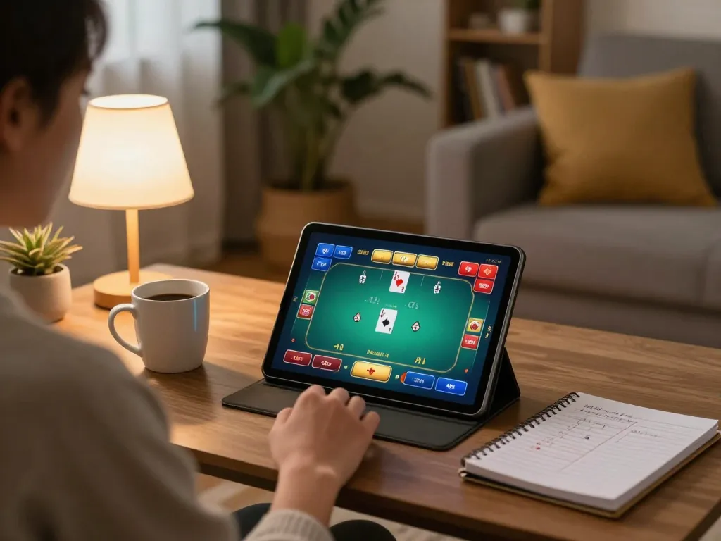 Engaging in online gaming at home using uu88 on a tablet amidst a cozy atmosphere with strategy notes.