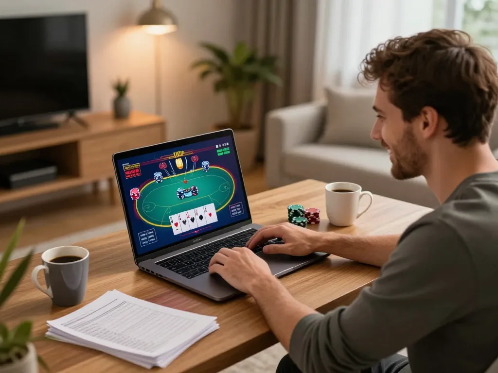 Player enjoying ytr88 online casino game at home, engaged in poker strategy.