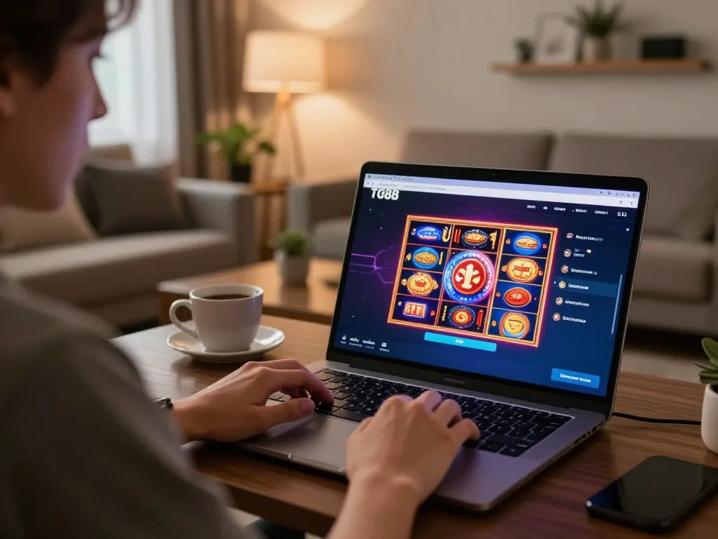 Playing the TG88 casino app on a laptop, creating an engaging online gaming experience.