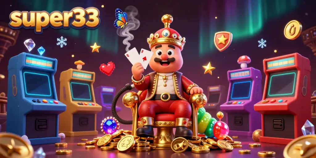 Engage in thrilling super33 gameplay with dynamic visuals of poker-themed characters and colorful arcade machines.