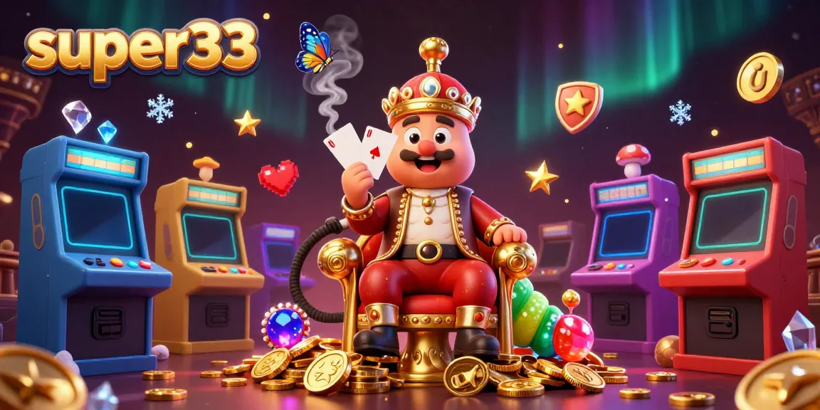 Engage in thrilling super33 gameplay with dynamic visuals of poker-themed characters and colorful arcade machines.