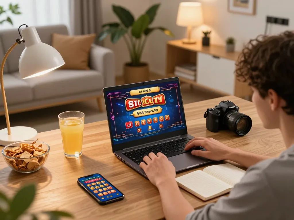 Bermain Slot Gacor di laptop dalam pengaturan rumah yang nyaman dengan camilan dan aplikasi kasino.