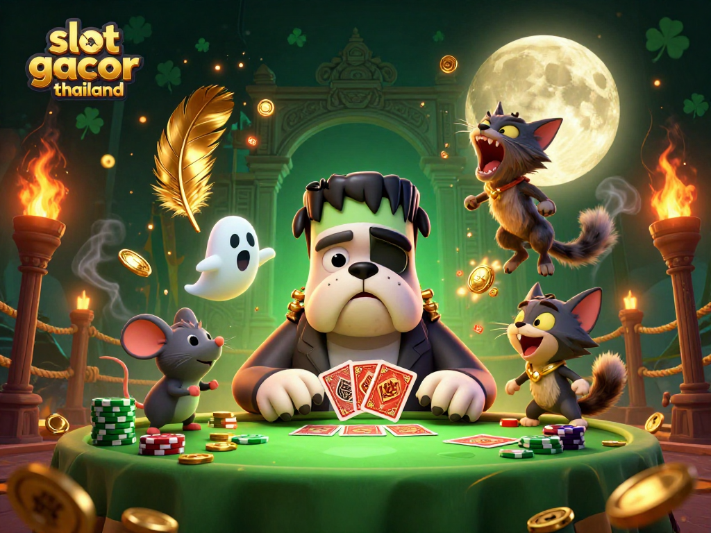 Engage with slot gacor thailand's thrilling energy as cartoon characters create a vibrant casino scene.