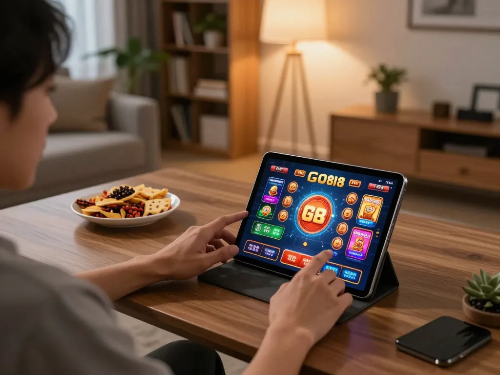 Engaged player enjoying GO88 online casino app on tablet in cozy home setting