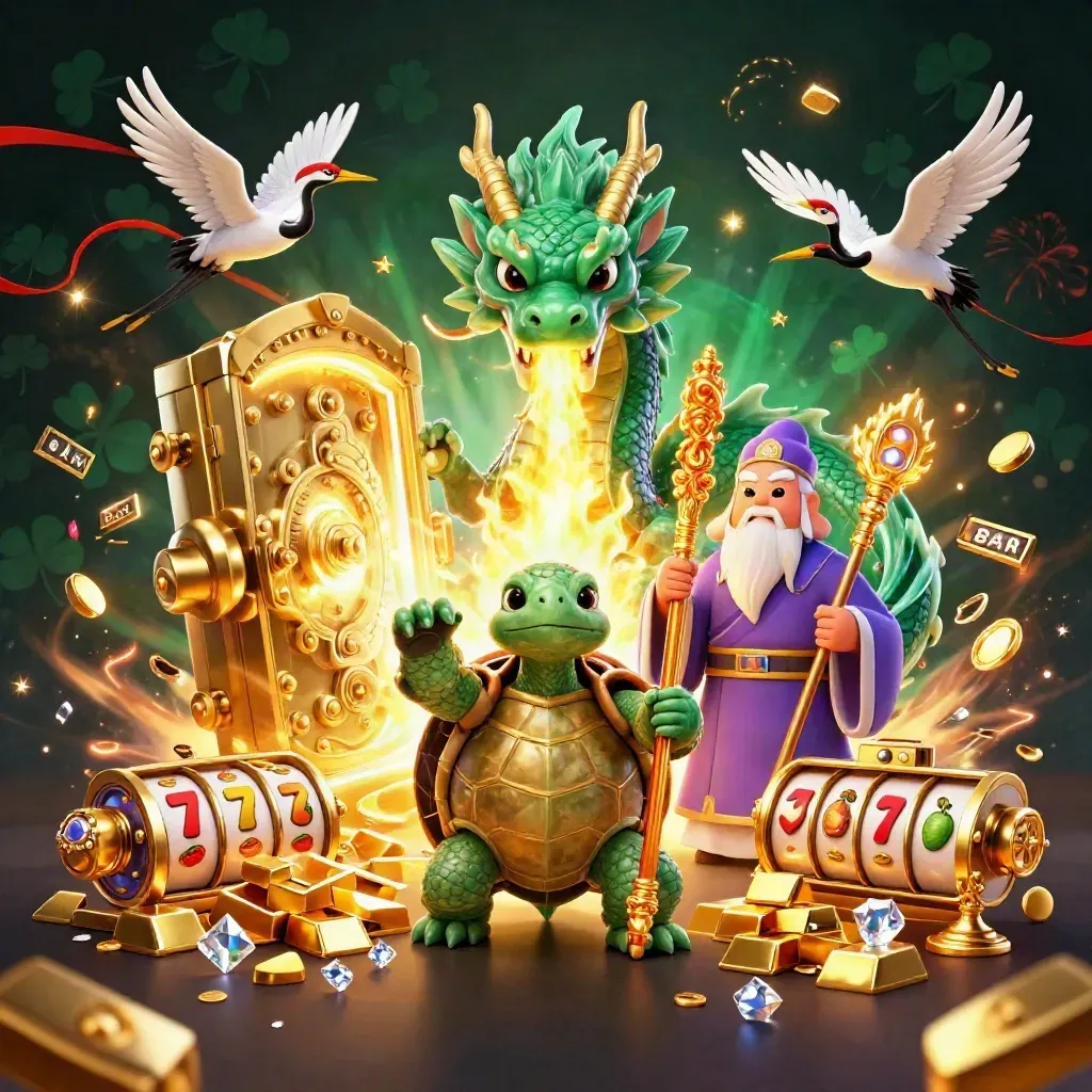 Emerald dragon, turtle sage, and cranes explode from a gold vault in festive casino light.