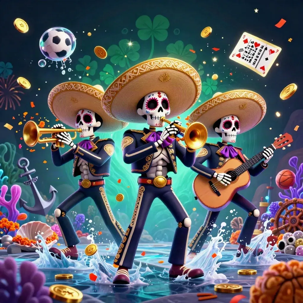 Skeleton mariachi trio amid gold coins, coral, cards, fireworks, and casino glow.