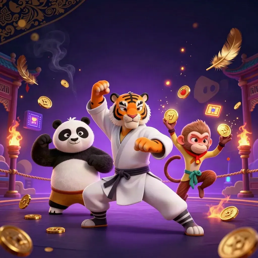 Kung-fu tiger, panda, and monkey in a glowing casino temple action scene.