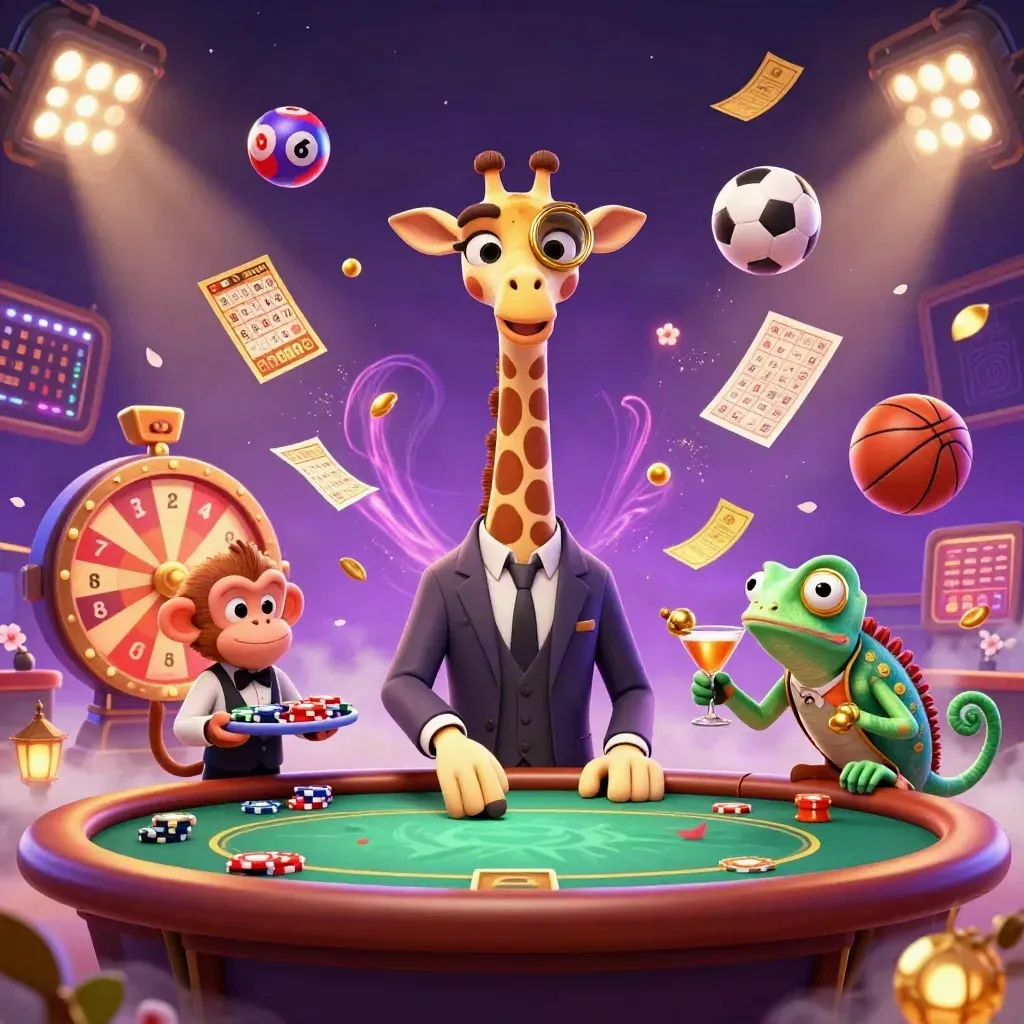 Giraffe, monkey and chameleon amid flying sports balls, chips and gold casino glow.