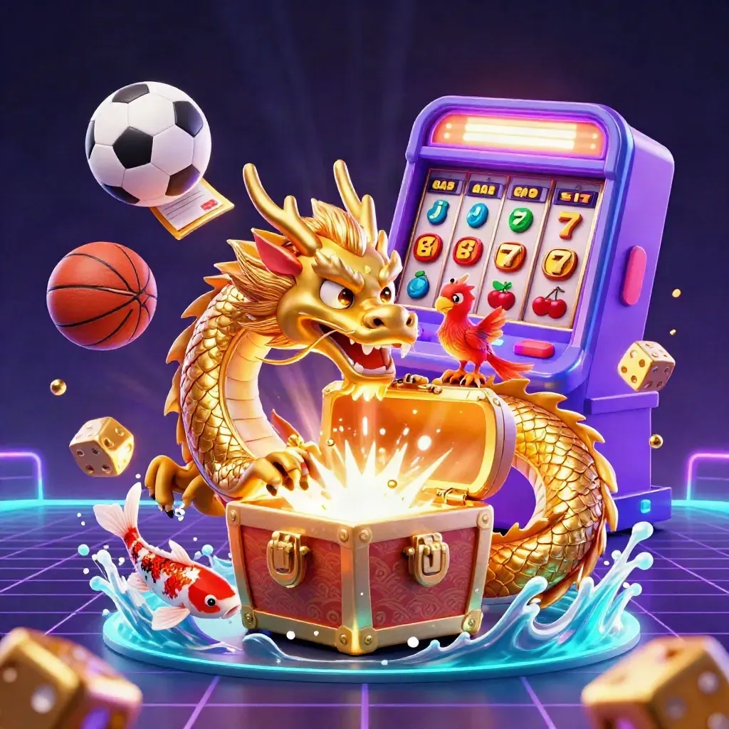 Golden dragon, phoenix, koi, slots and sports balls erupt in a neon casino burst.