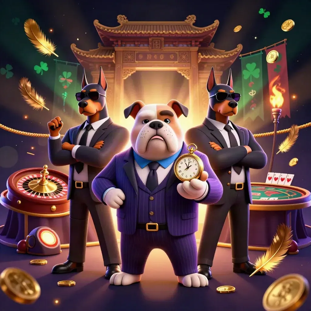 Bulldog boss and Doberman guards amid casino glamour, coins, cards, and glowing lights.