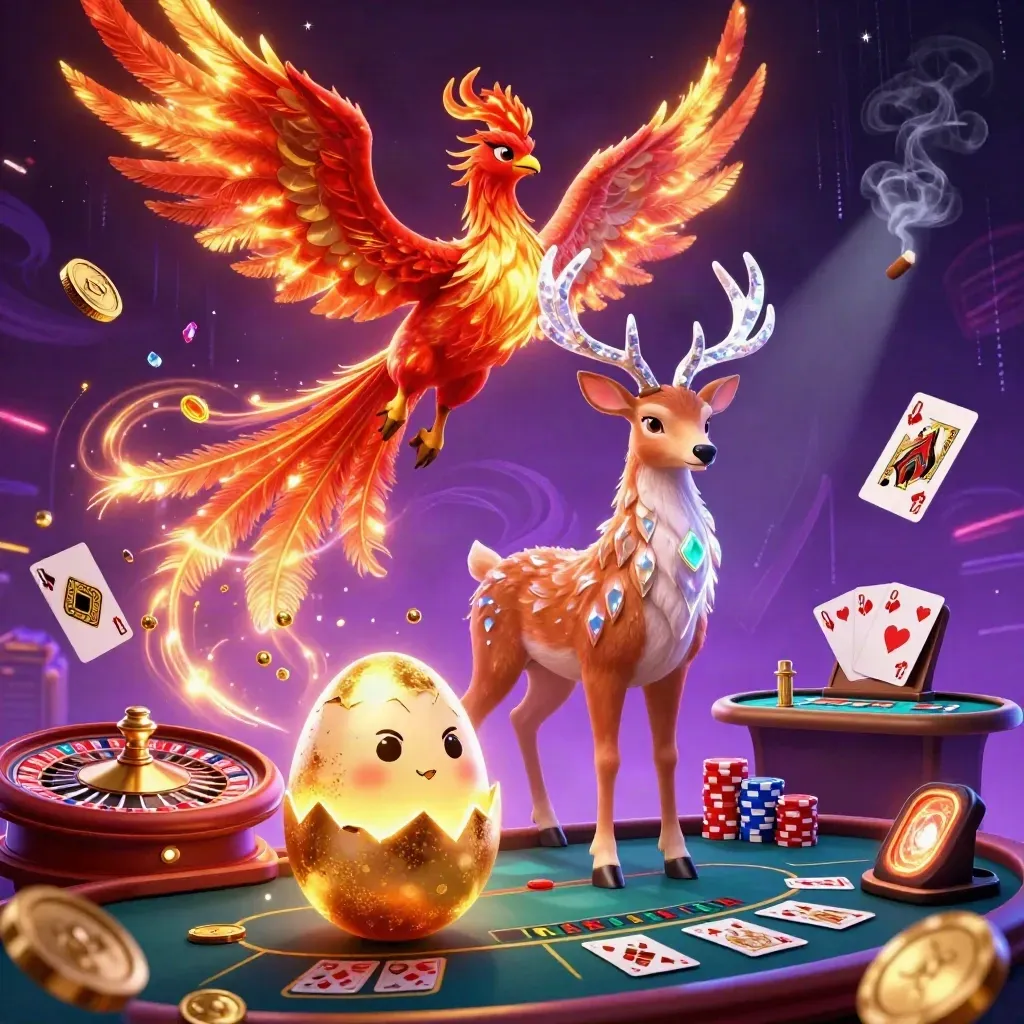 Fire phoenix, baby phoenix, and crystal stag amid casino gold, gems, and a spinning roulette wheel.