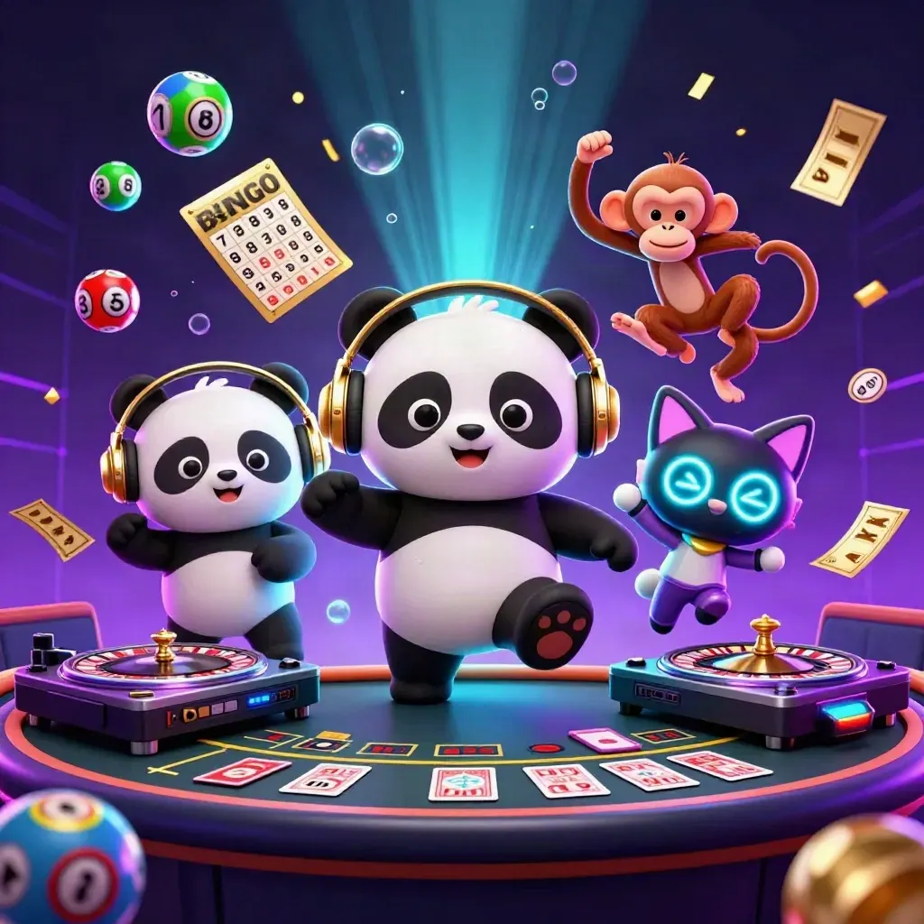 DJ panda, dancing monkey and glow-stick kitten in a neon casino room with flying jackpot props.