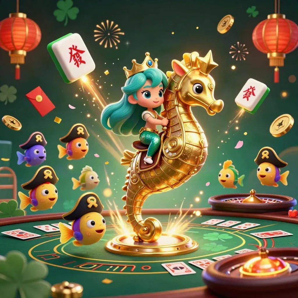 Mermaid princess on a gold seahorse amid casino lanterns, coins, fireworks, and glowing table play.