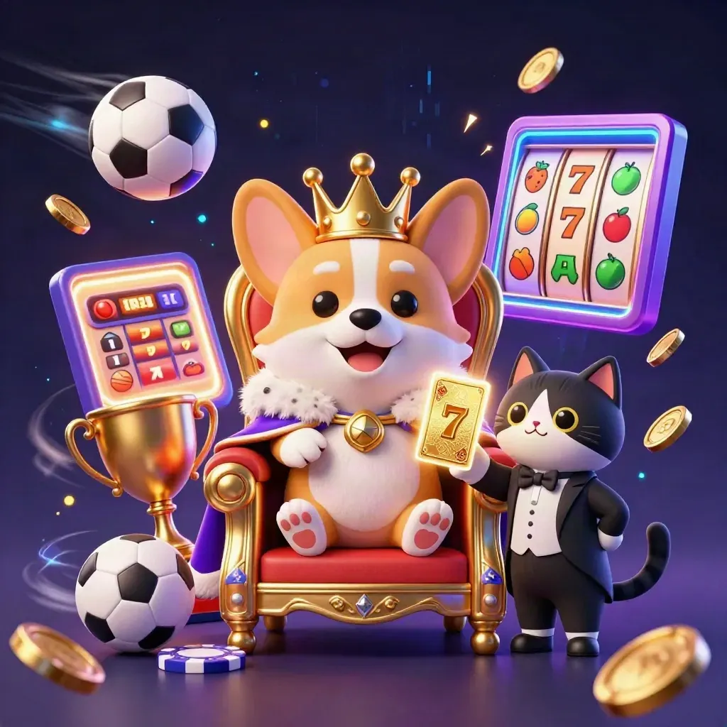 Royal corgi king and cat butler amid casino loot, sports balls, coins, and glowing neon effects.