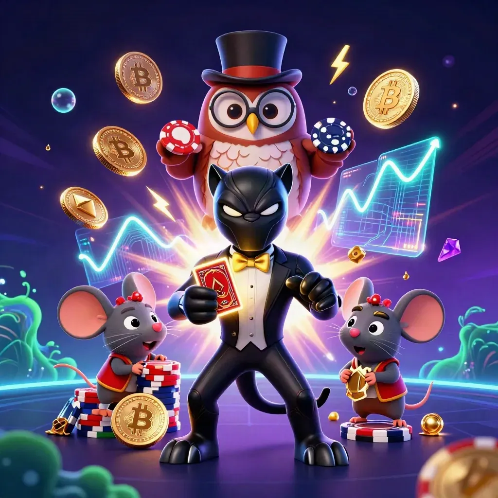 Black panther, owl, and mouse casino heroes with glowing coins and underwater neon effects.