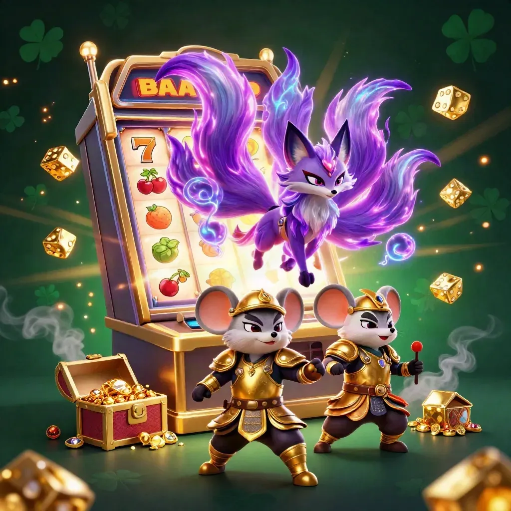 Nine-tailed fox spirit and gold-armored mouse amid a bursting slot machine and jackpot glow.