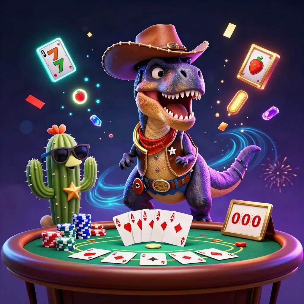 Cowboy T-Rex, cactus sidekick and roadrunner at a glowing poker table with chips and fireworks