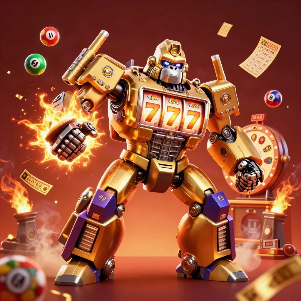 Golden gorilla mech with monkey pilot, slot reels, lottery balls, jackpot glow, and fiery casino effects.