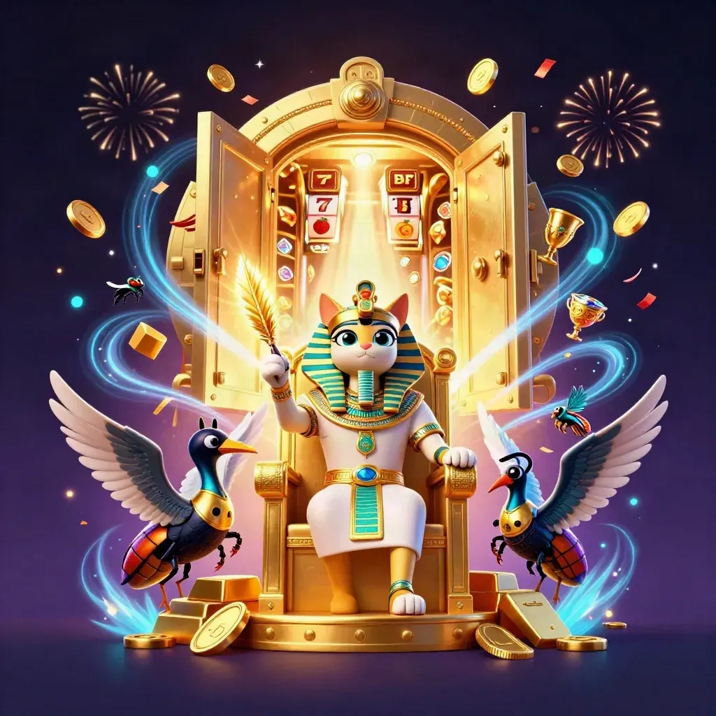 Pharaoh cat, ibis scribe, and scarabs amid an open vault, coins, gems, fireworks, and casino symbols.