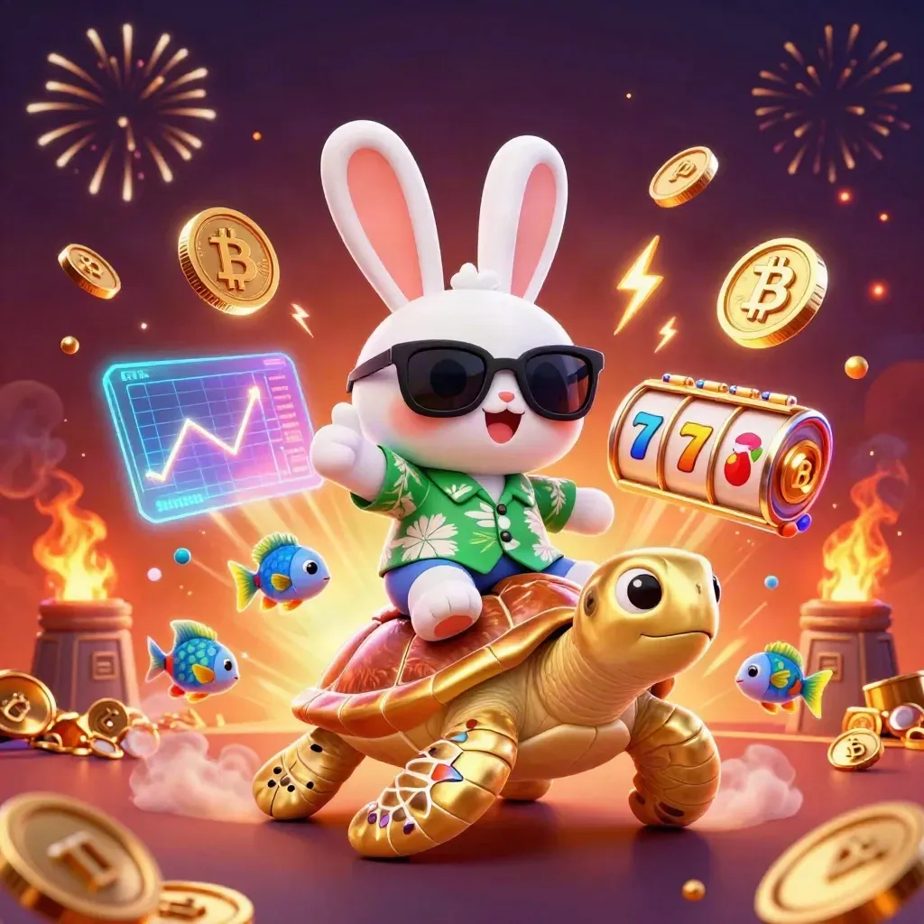 Lucky rabbit rides a golden turtle amid coins, fireworks, slots, and casino glow.