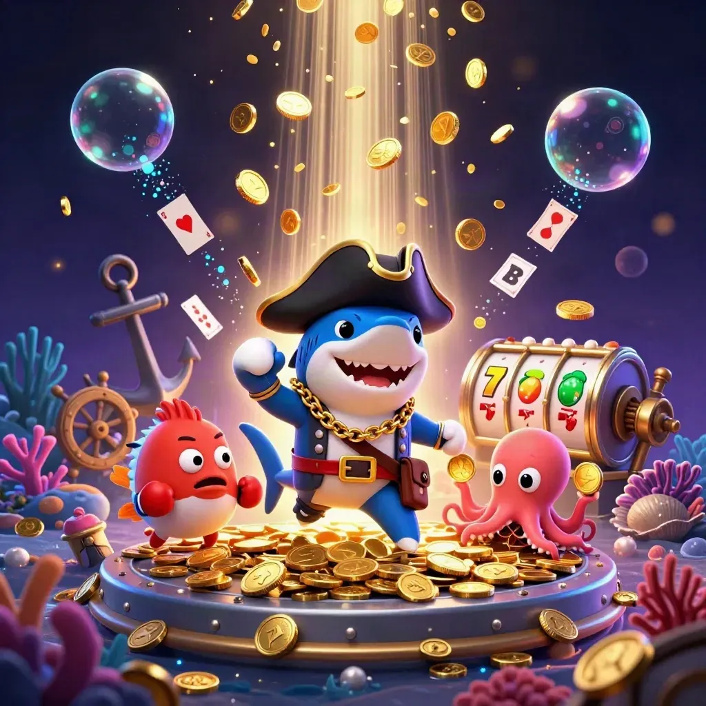 Shark pirate, pufferfish boxer, and octopus amid gold coins, coral, cards, and fireworks