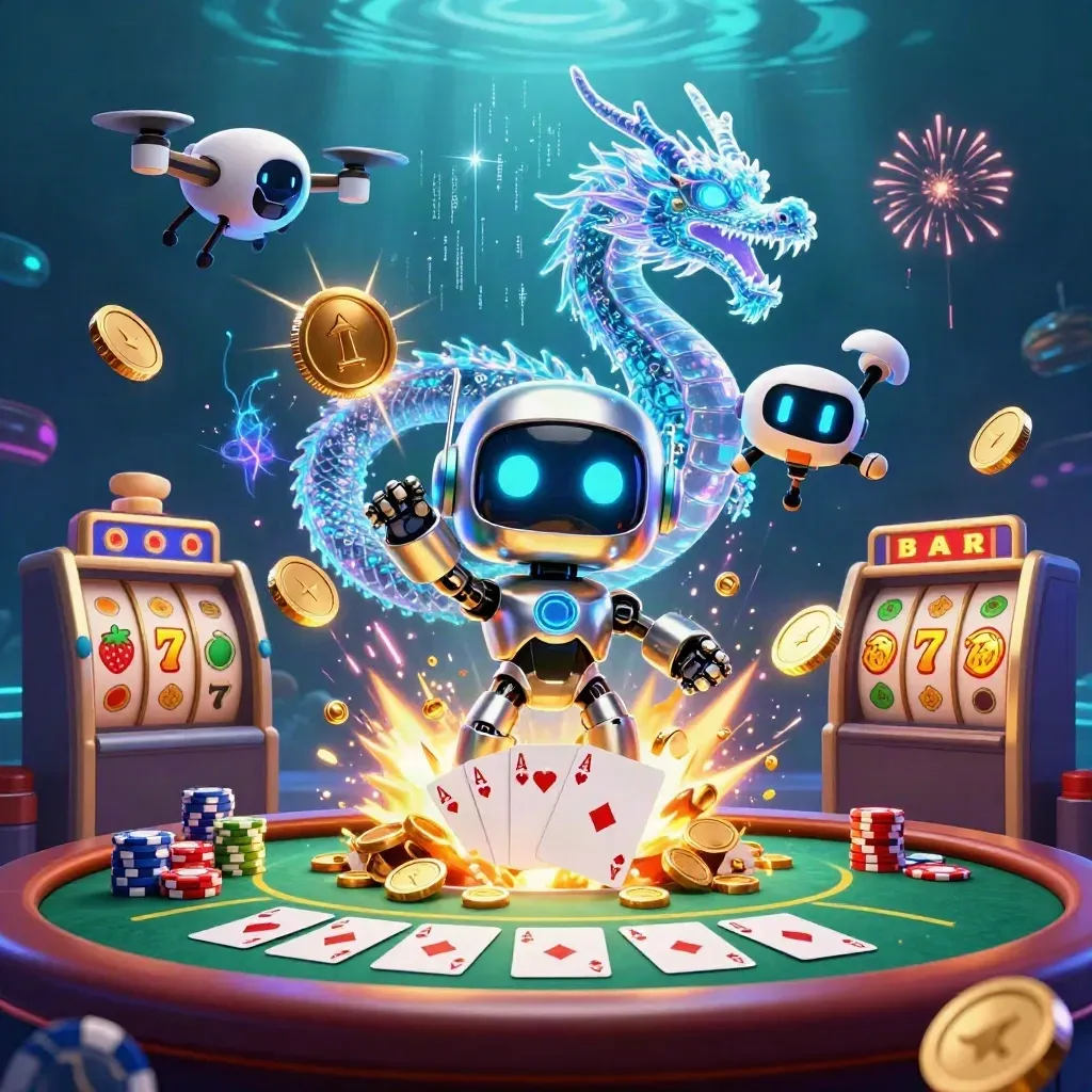 Cyberpunk robot, holographic dragon, and coin drone amid casino chaos and fireworks