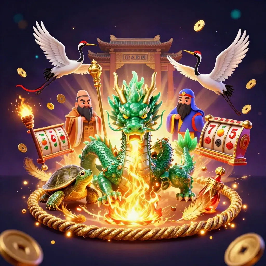 Emerald dragon, turtle sage, and cranes amid gold fire, coins, reels, and temple glow.