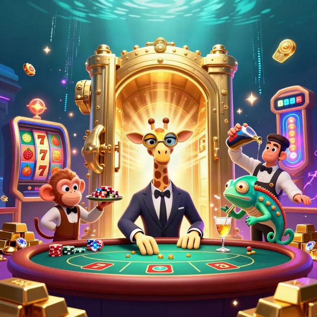Giraffe, monkey, and chameleon casino scene with vault door, gold, slots, and emerald glow.