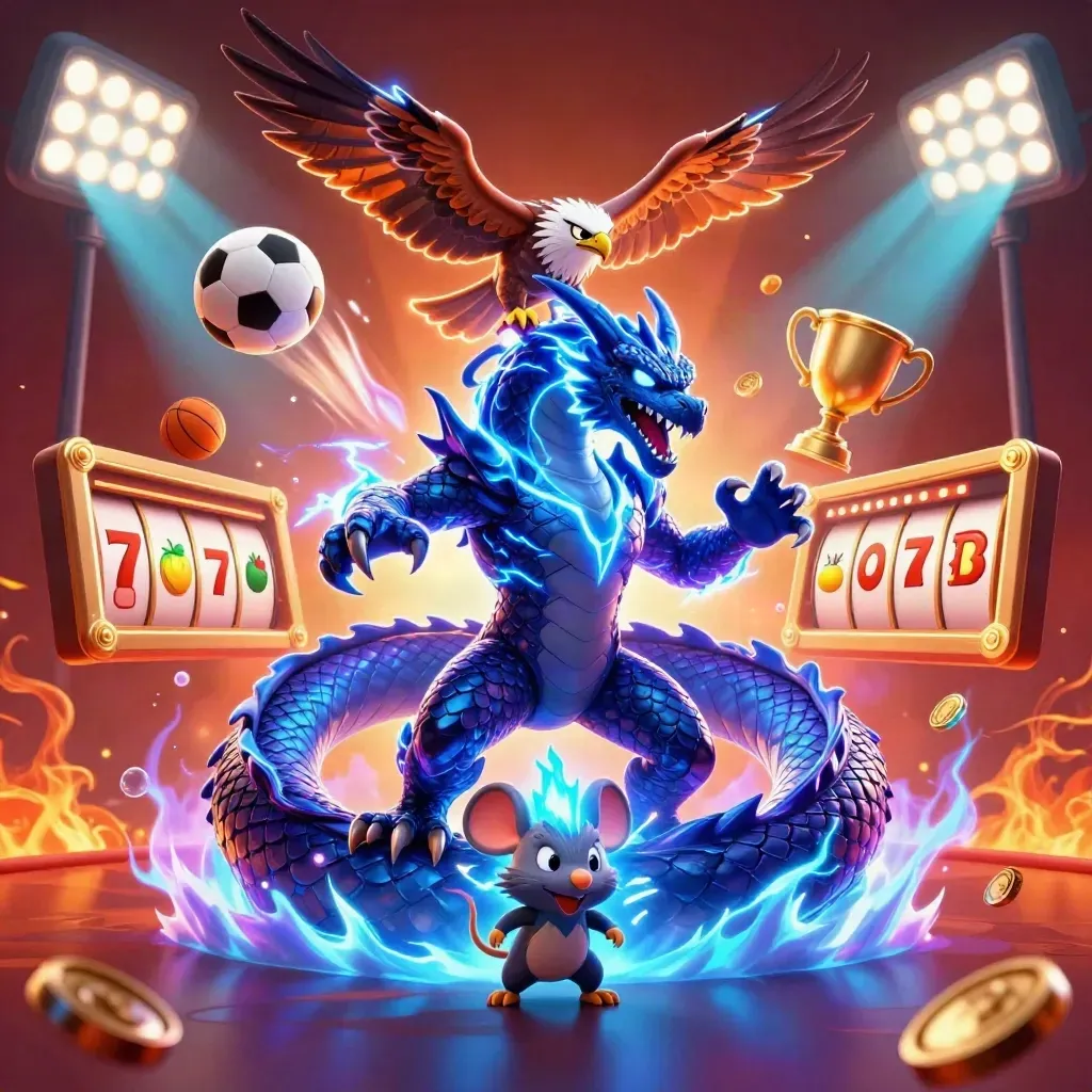 Thunder dragon, winged hawk, crackling mouse, sports balls and casino symbols in a fiery neon splash.