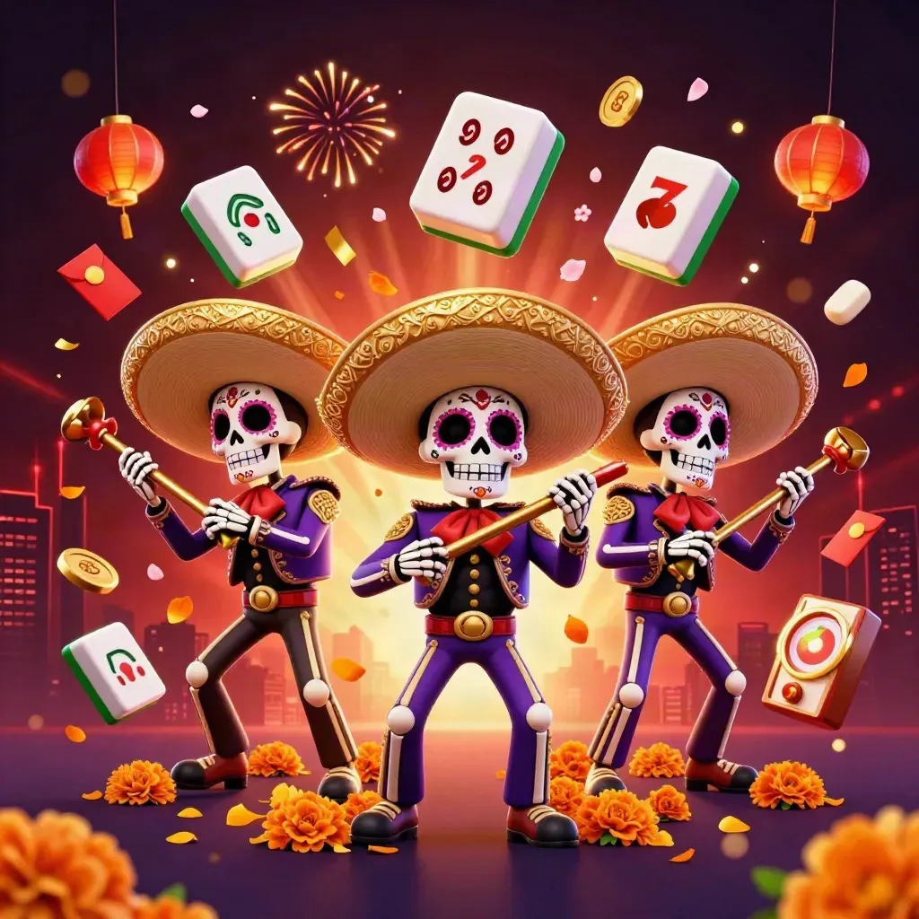 Skeleton mariachi trio amid lanterns, coins, fireworks, and casino glow.