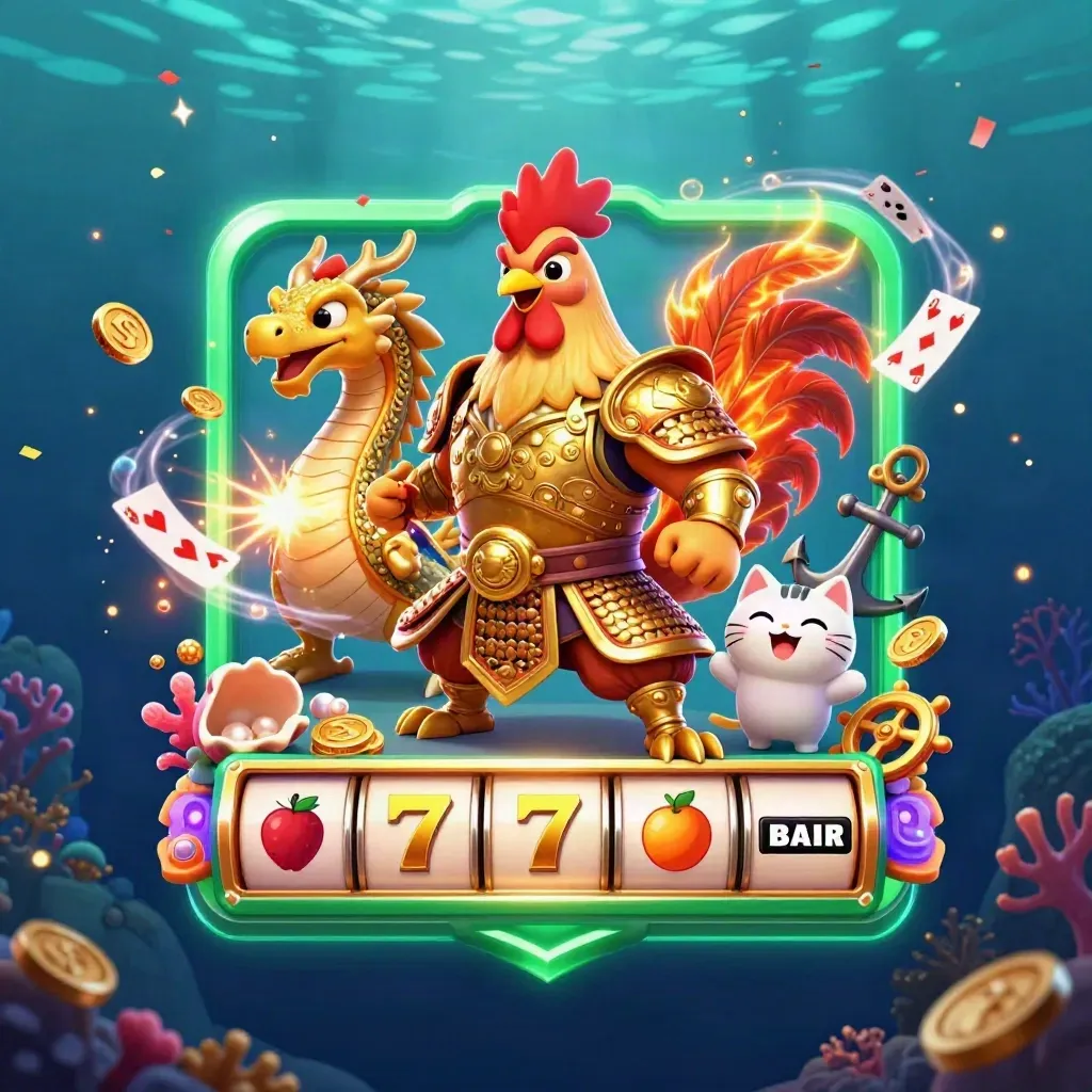 Rooster samurai, dragon hatchling, and fortune cat amid jackpot reels under glowing underwater rays.