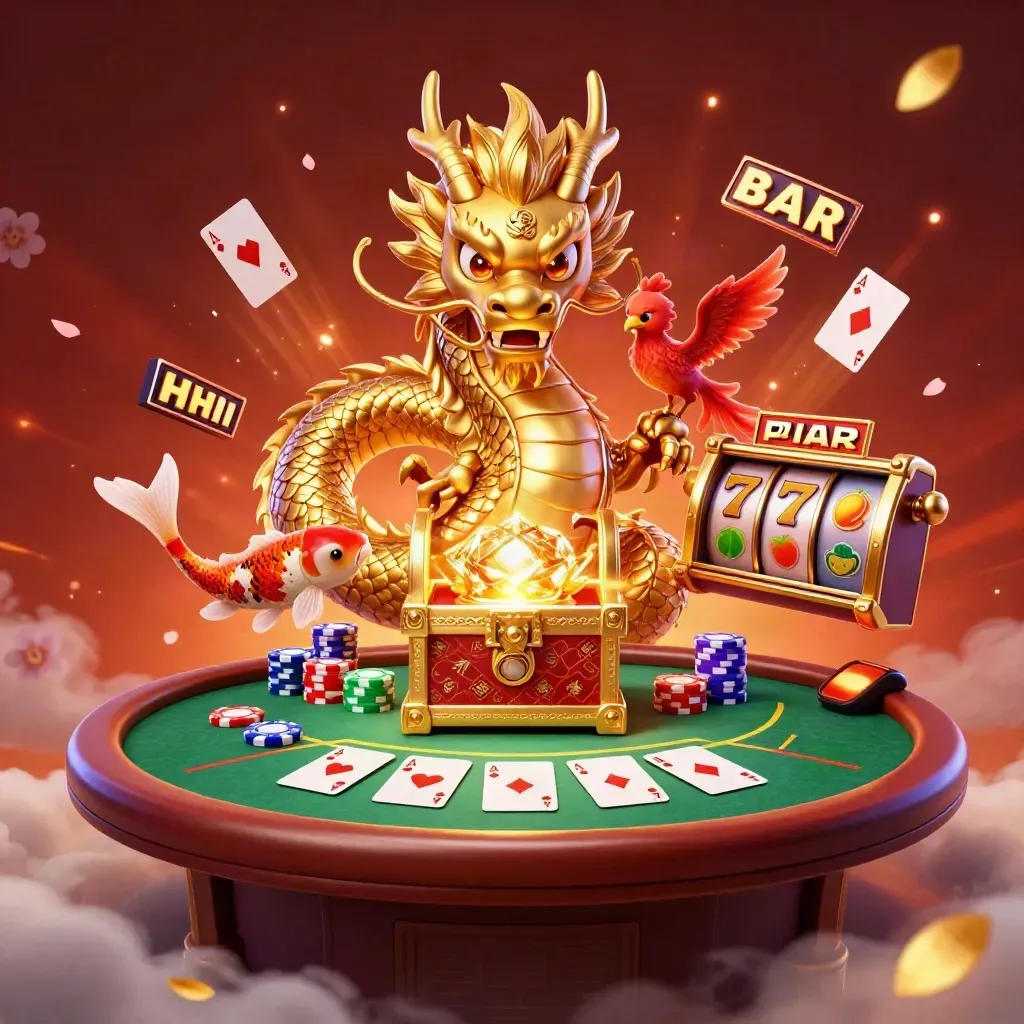 Golden dragon with phoenix and koi amid casino chips, cards, reels, and glowing jackpot energy.