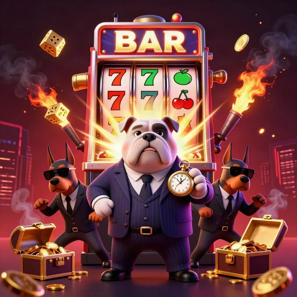Bulldog boss and two Dobermans burst around a jackpot slot machine with gold and neon sparks.