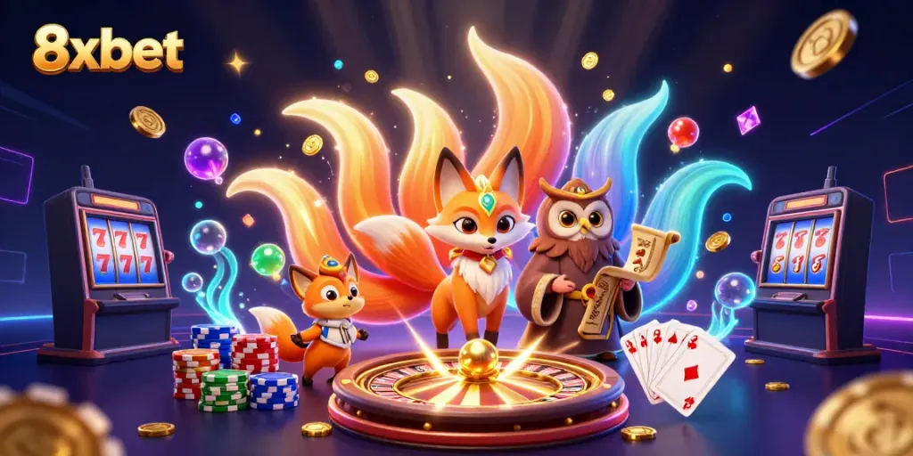 Experience stunning wins at 8xbet with a vibrant 3D casino illustration showcasing games and glimmering rewards.