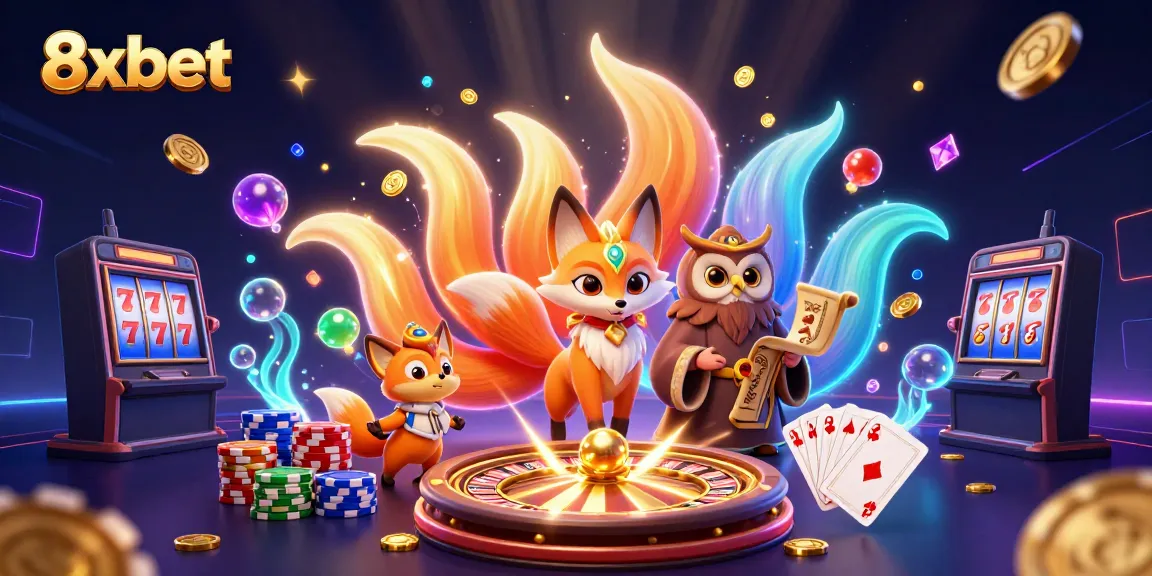 Experience stunning wins at 8xbet with a vibrant 3D casino illustration showcasing games and glimmering rewards.