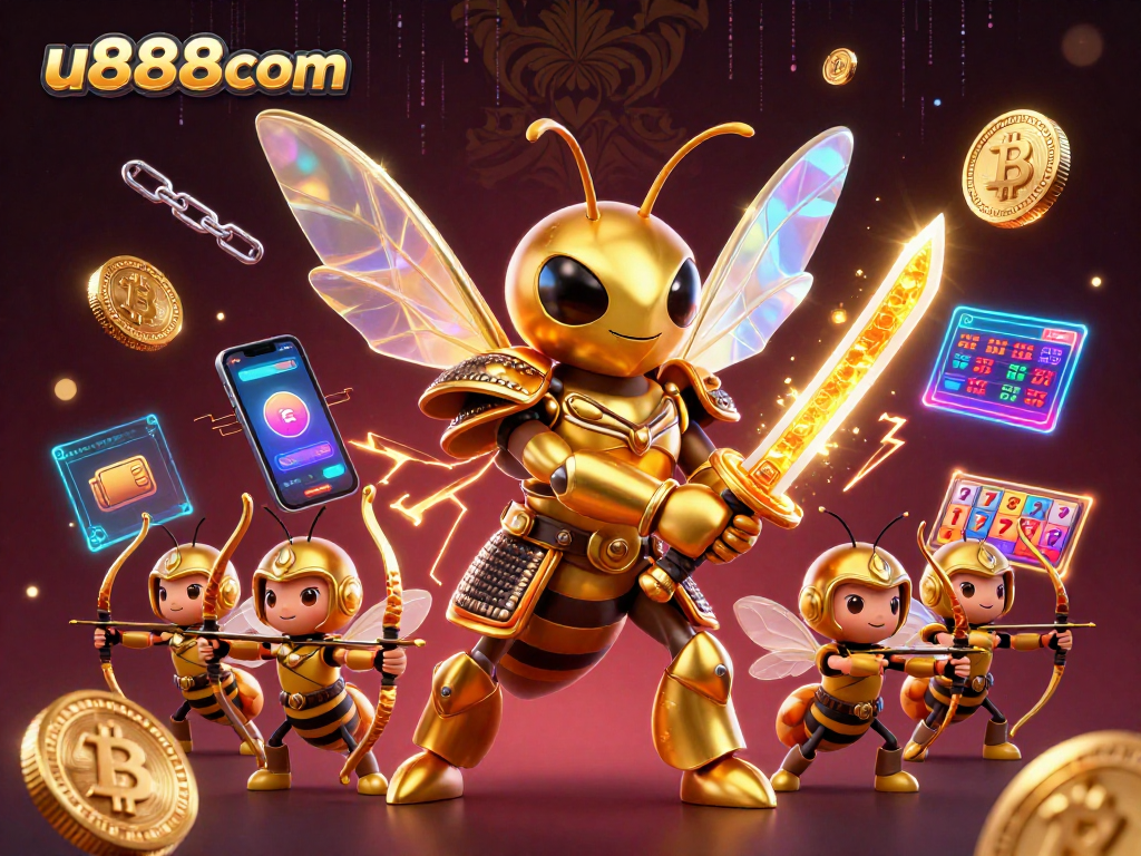 Engage with u888com's thrilling casino experience featuring vibrant 3D illustration of characters and crypto elements.