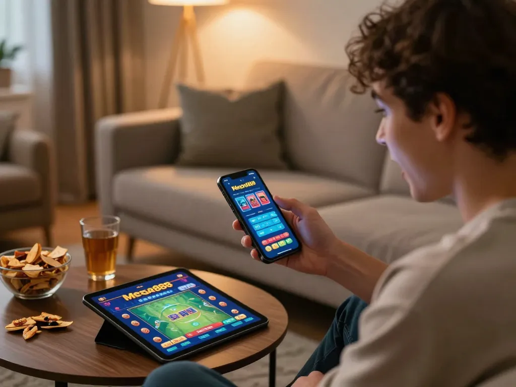 Mega888 promotion engagement captured on a smartphone in a cozy home setting, showcasing mobile gaming excitement.