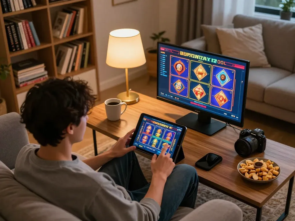 Engaging with exciting slot online games on a tablet in a cozy home setting