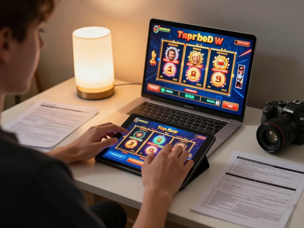 Kuwin 789 player enjoying a thrilling online slot game on tablet while surrounded by strategy notes.