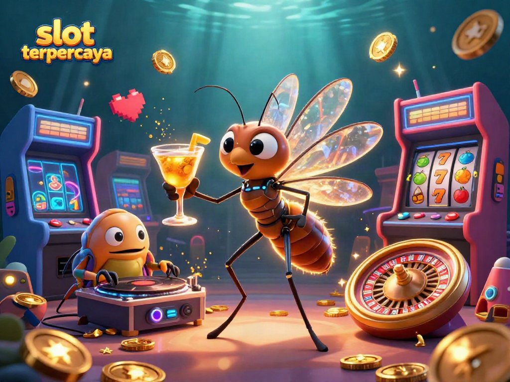 Menangkan jackpot di situs slot terpercaya dengan ilustrasi kartun 3D penuh warna dan elemen perjudian.