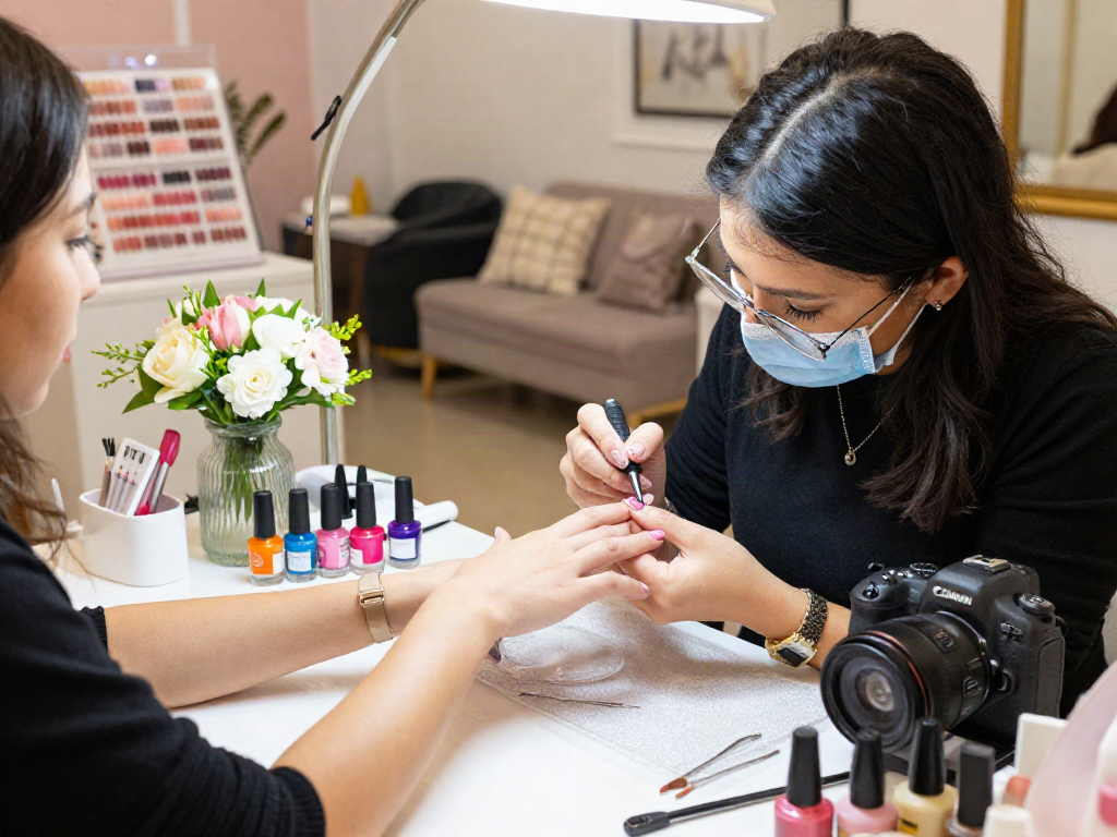 Technician creates stunning nail art in a beauty salon slot.