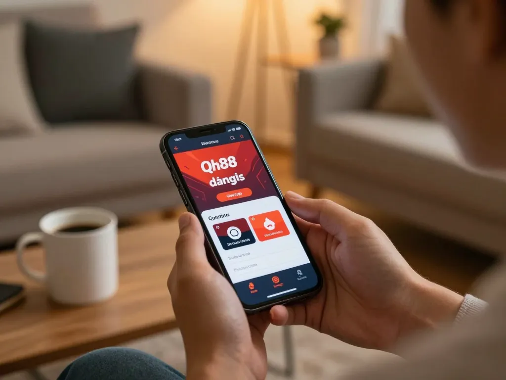 Person accessing Qh88 đăng nhập on smartphone in a cozy home setup, highlighting online gambling excitement.
